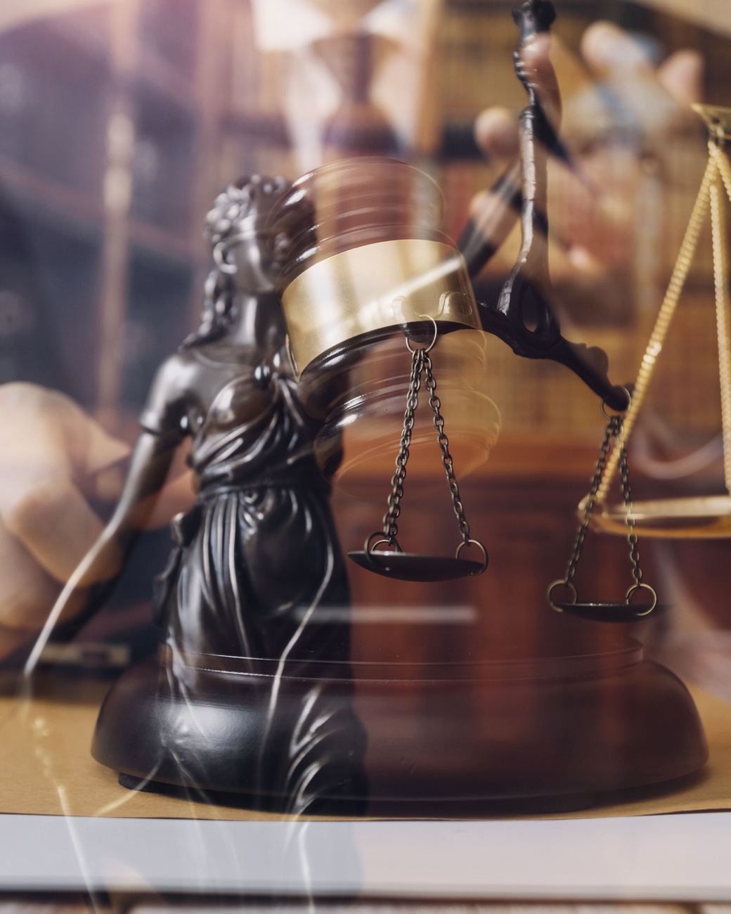 Scales of justice and gavel on a courtroom bench